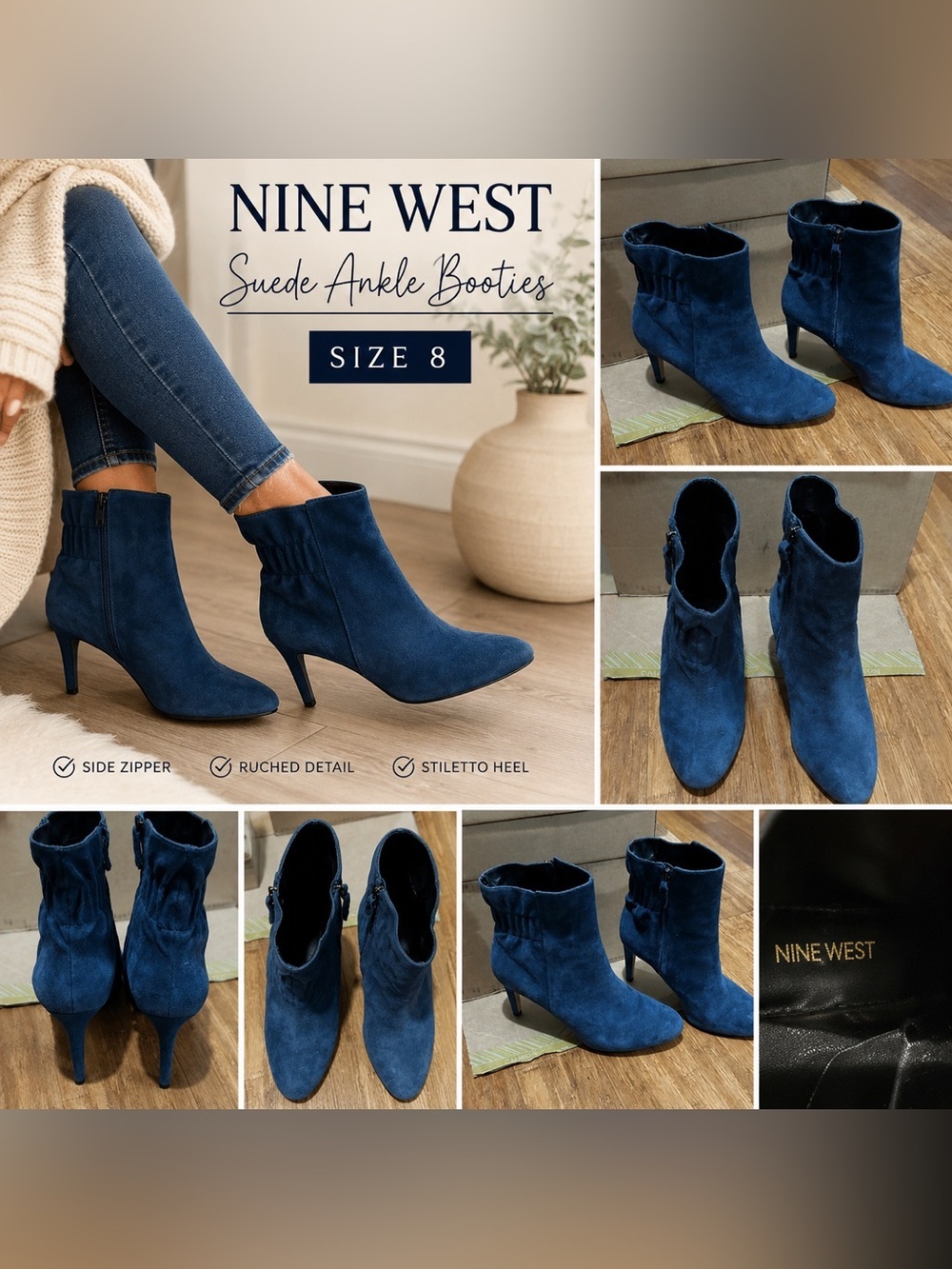 Nine West Navy Blue Suede Ankle Booties Size 8 Heeled Booties